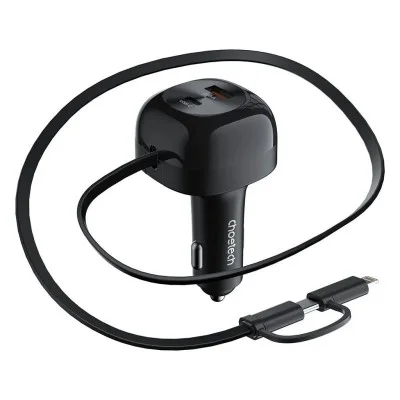 Choetech PD45W USB-C+USB-A  Car Charger with C+L Interface Stretchable Cable - Black